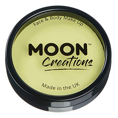 A round black container of light yellow face and body paint by Moon Creations.