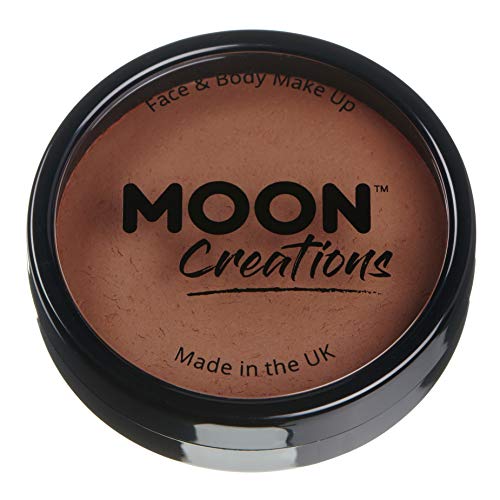 A round black container of mid-brown face and body paint by Moon Creations.