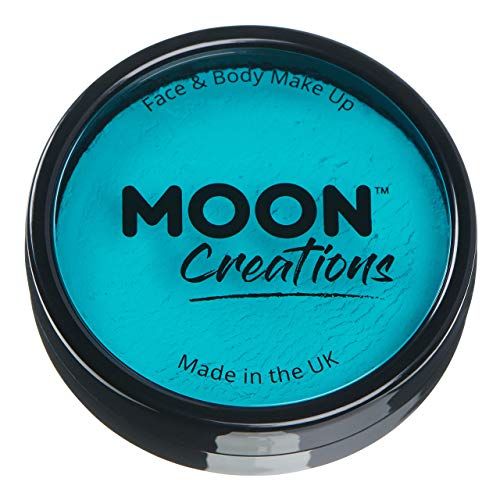 A round black container of turquoise face and body paint by Moon Creations.