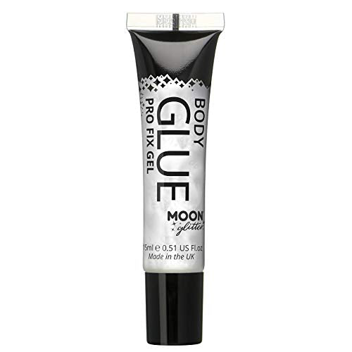 A vertical tube of Moon Glitter Body Glue Pro Fix Gel on white background.