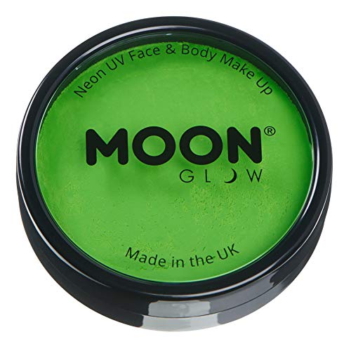 A round black container filled with bright green neon face and body paint.
