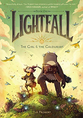 Book cover: girl and large, armored creature on a grassy hill.