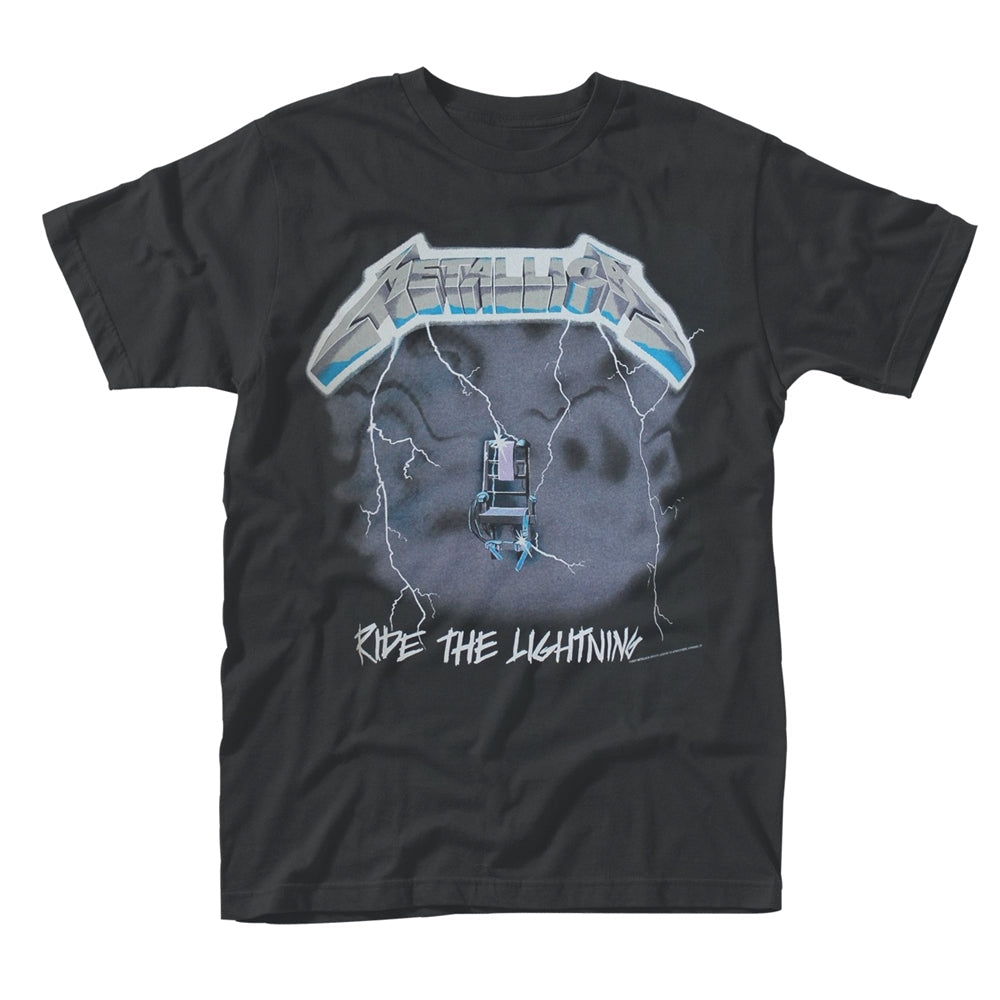Black t-shirt with Metallica’s “Ride The Lightning” album art graphic.