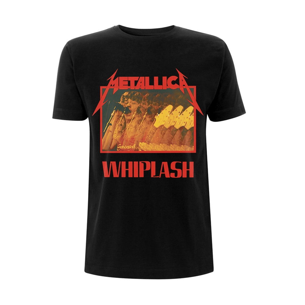 Black t-shirt with Metallica “Whiplash” album art graphic in red and gold.