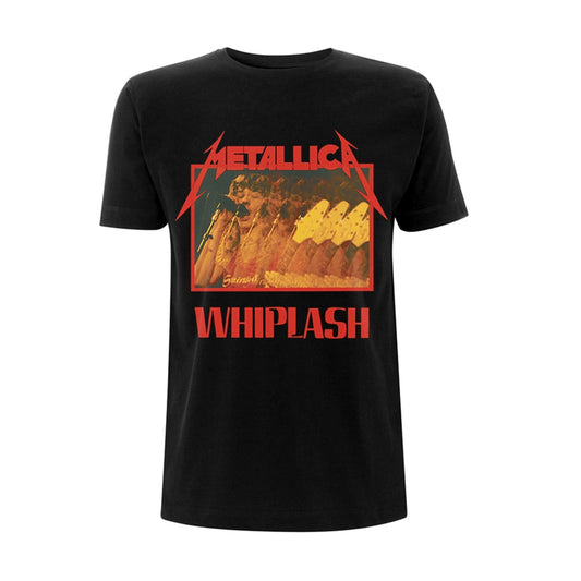 Black t-shirt with Metallica “Whiplash” album art graphic in red and gold.