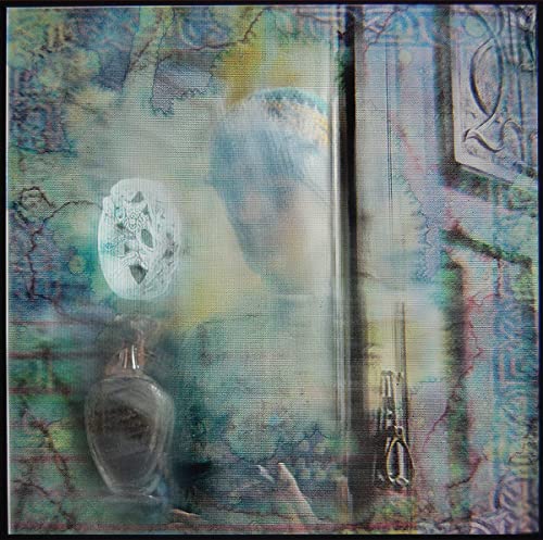 Abstract CD cover with blurred face, bottles, and floral designs.
