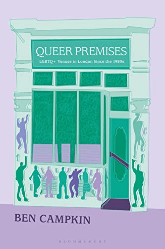 Book cover: “Queer Premises” with illustrated green building and figures.