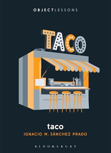 Illustration of a taco stand with illuminated lettering and seating.