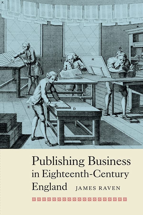 18th-century print shop illustration with book title and author name below.