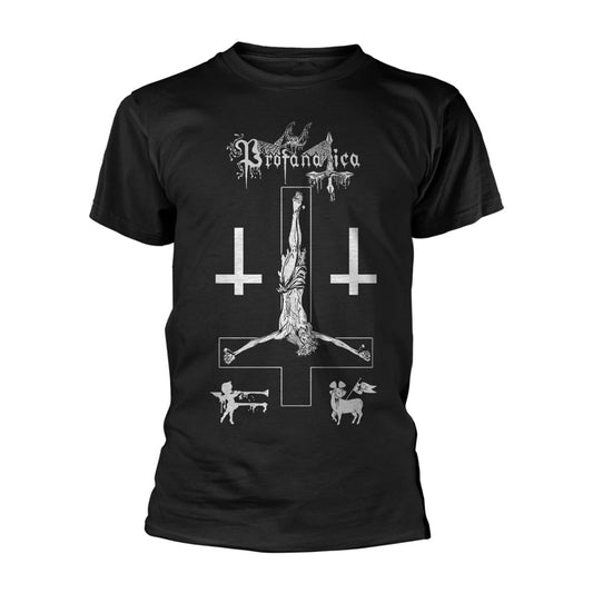 Black t-shirt with white graphic of crosses, a figure, and goats.