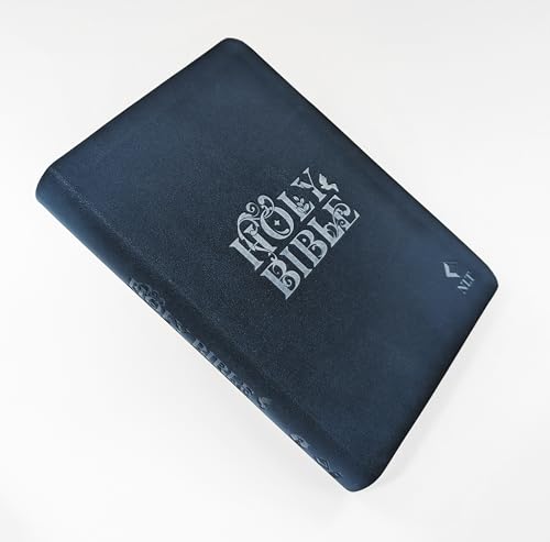 Blue softcover Bible with silver lettering, closed and angled slightly.