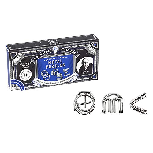 Silver metal puzzle pieces and box with Albert Einstein’s portrait.