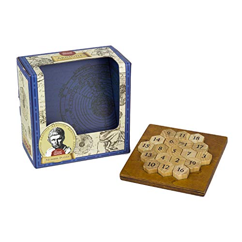 Wooden number puzzle with box, featuring a portrait of Aristotle.