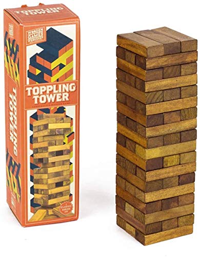 Wooden toppling tower game with colorful blocks and its box.