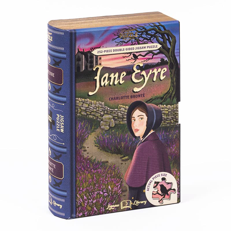 Book-shaped jigsaw puzzle featuring Jane Eyre and a landscape scene.