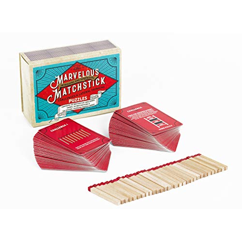 Puzzle box, two decks of red challenge cards, and a row of matchsticks.