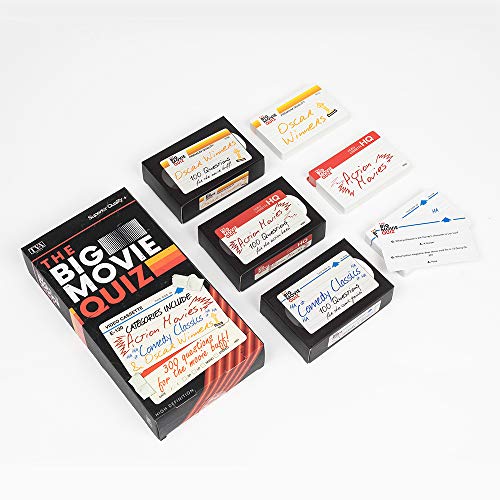 Movie trivia quiz game with black box and colorful question cards.