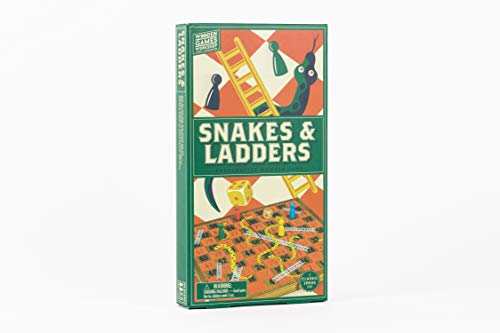 Wooden Snakes & Ladders game box with green background and snake illustration.