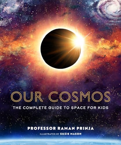 Book cover: "Our Cosmos" with solar eclipse image and starry background.