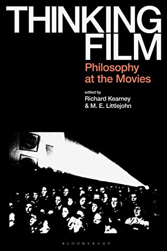 Book cover with white text on black background showing a movie projector beam audience.