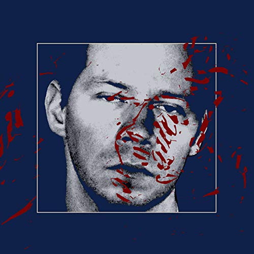 A man's face with red splatters on a dark blue background in a white frame.