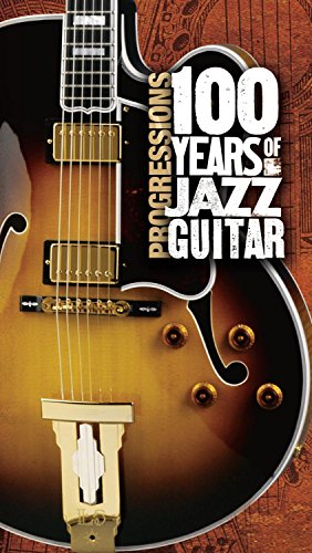 Close-up of a sunburst hollow-body jazz guitar with text overlay reading 100 Years Jazz Guitar.