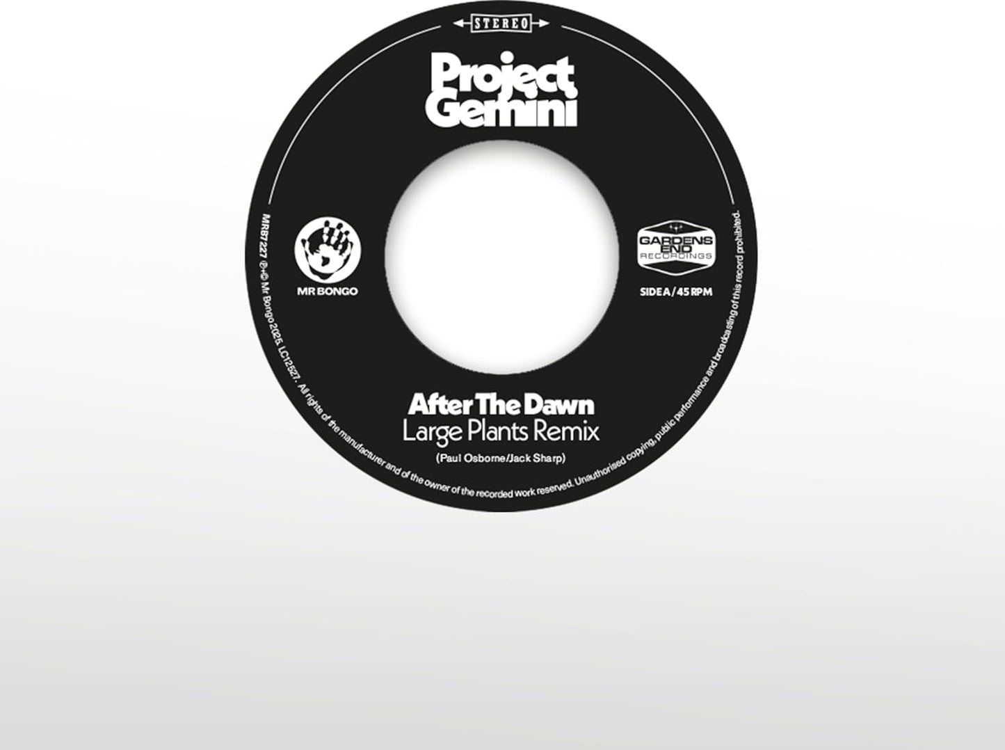Black vinyl record label for Project Gemini’s “After The Dawn” remix.