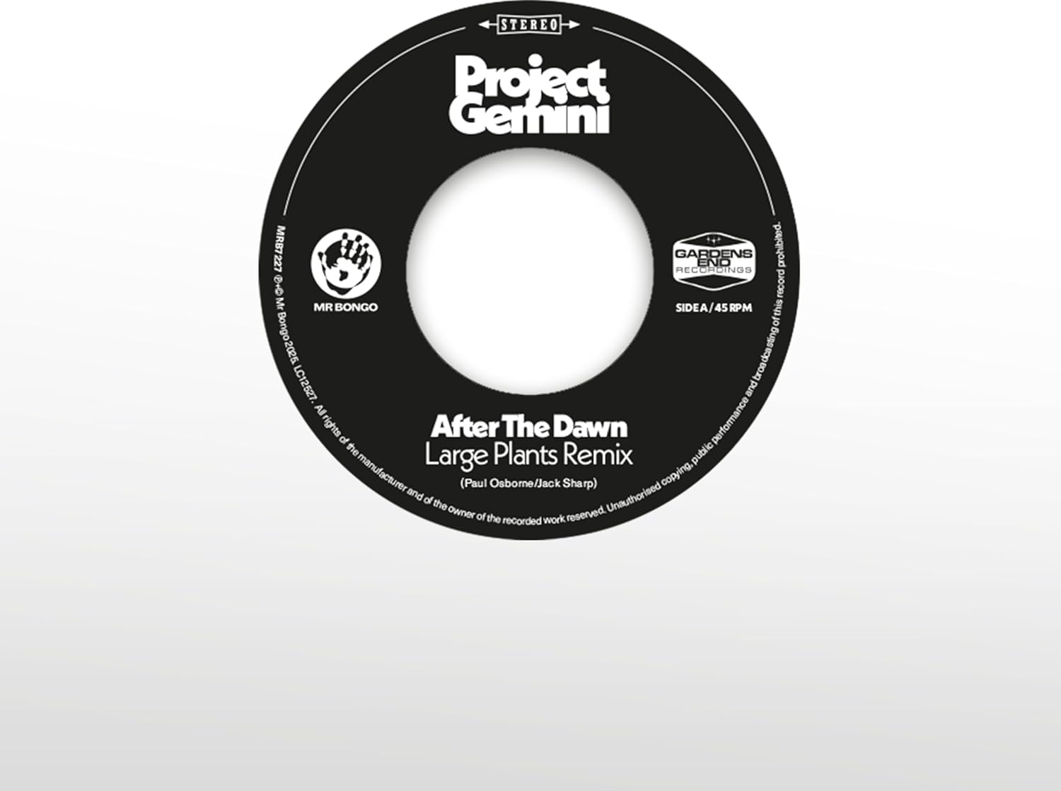 Black vinyl record label for Project Gemini’s “After The Dawn” remix.
