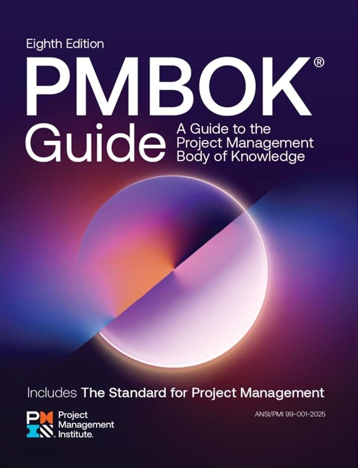 PMBOK® Guide Eighth Edition cover with abstract pink and purple design.