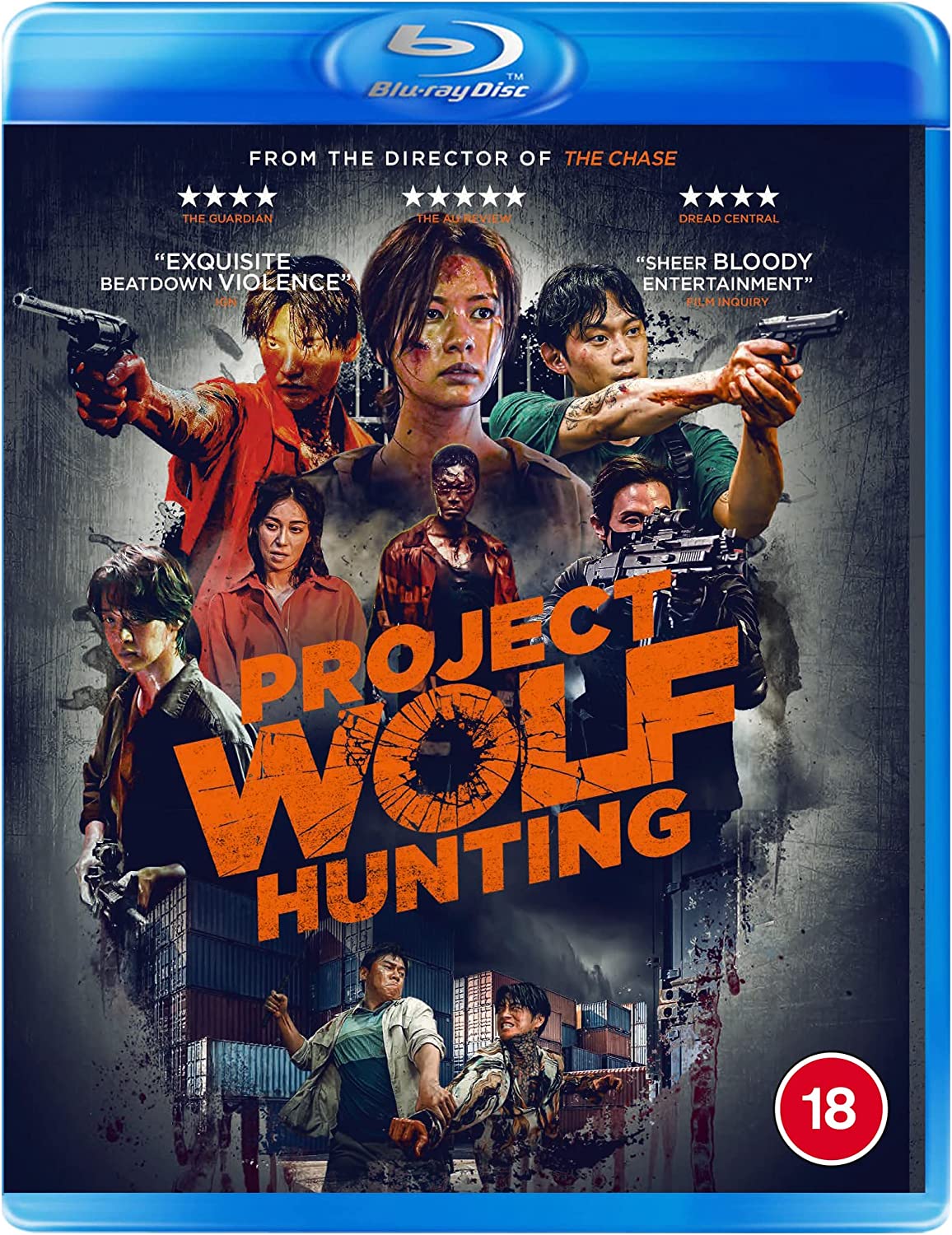 Blu-ray cover for "Project Wolf Hunting" featuring a chaotic action scene.