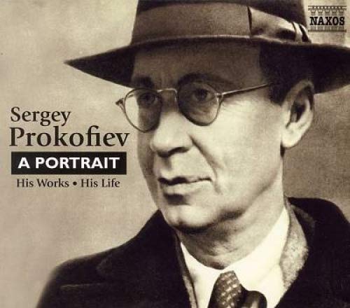 Black and white portrait of composer Sergey Prokofiev in a hat and glasses.