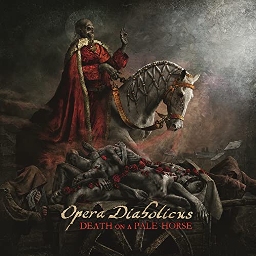 A skeleton in red robes rides a pale horse over a cart of bodies.