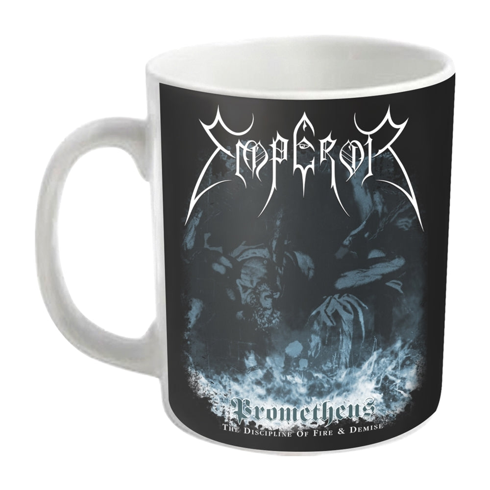White ceramic mug with black metal band logo and winter scene.
