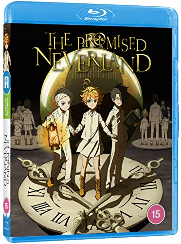 The Promised Neverland" Blu-ray cover featuring three anime characters and a clock.