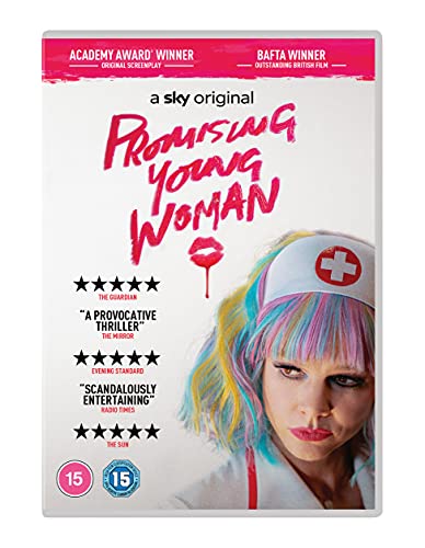 DVD cover for Promising Young Woman featuring a woman with multicolored hair and nurse cap.