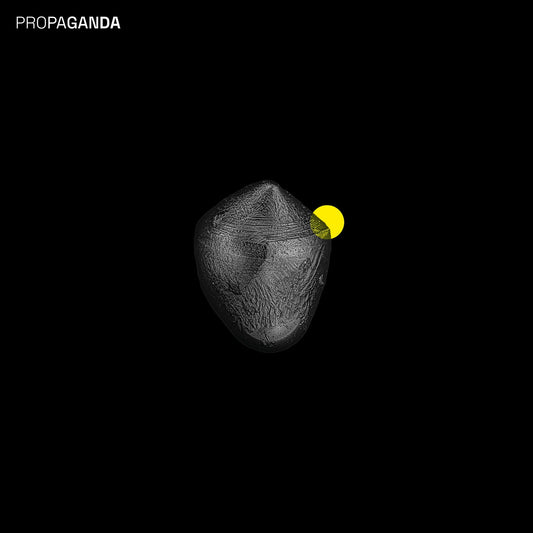 Black album cover with a textured, rocky shape and a yellow circle.