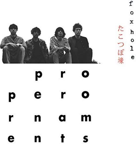 Black and white album cover for Proper Ornaments’ “Foxhole” with band photo.