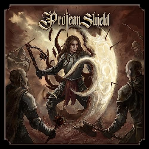 Fantasy album cover depicting a woman with a glowing shield and warriors.