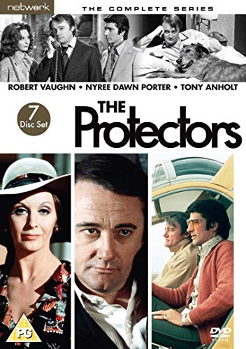 DVD cover for The Protectors featuring cast portraits and a dog in black and white.
