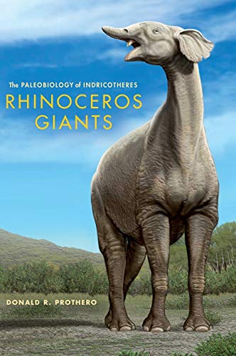 Book cover featuring a large, gray, prehistoric rhinoceros-like creature standing outdoors.