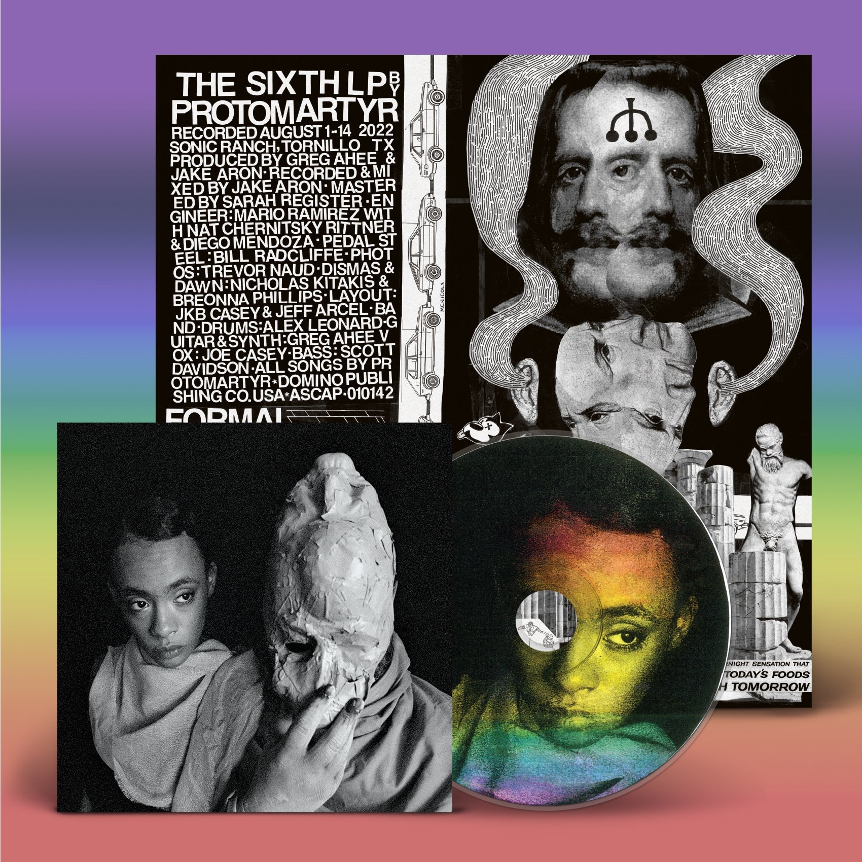 Protomartyr CD cover featuring portraits and abstract desert imagery.