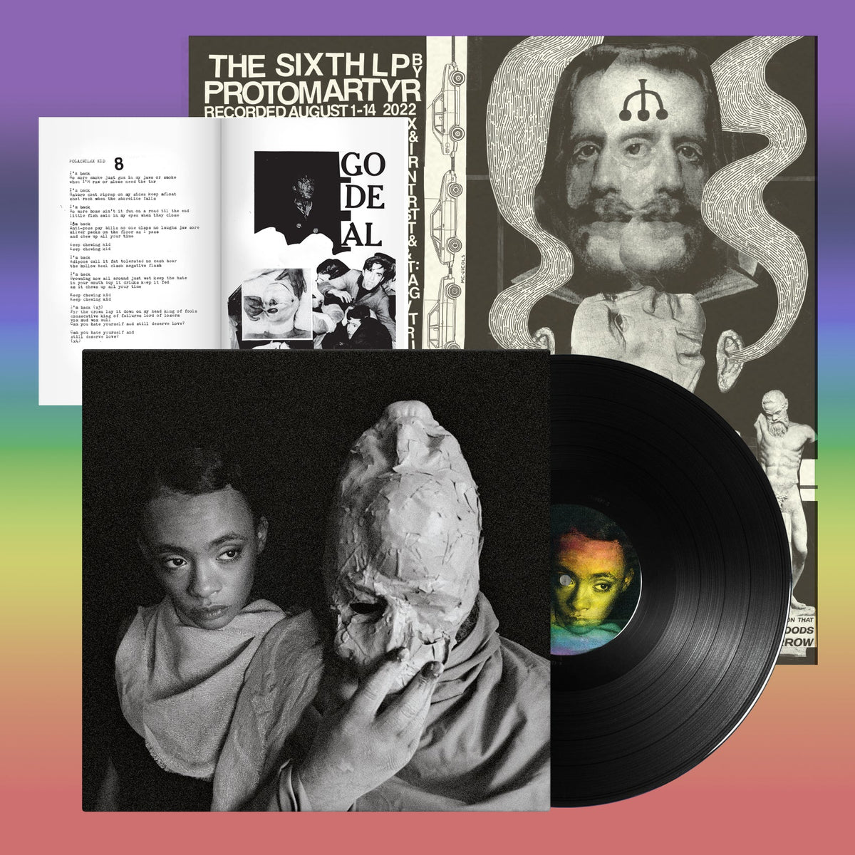 Protomartyr album cover with black vinyl record and collage imagery.