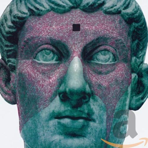 Close-up of a teal-toned bust with pink linear patterns and a black square.