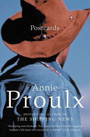 Book cover: "Postcards" by Annie Proulx, featuring a woman in a hat.
