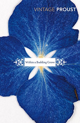 Book cover: blue pansy flower with title “Within a Budding Grove”.