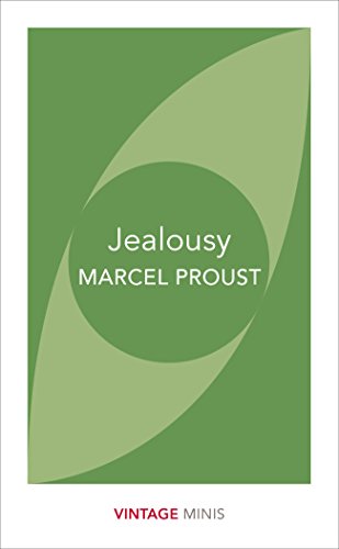 Book cover for Jealousy by Marcel Proust with green abstract shapes and white text.