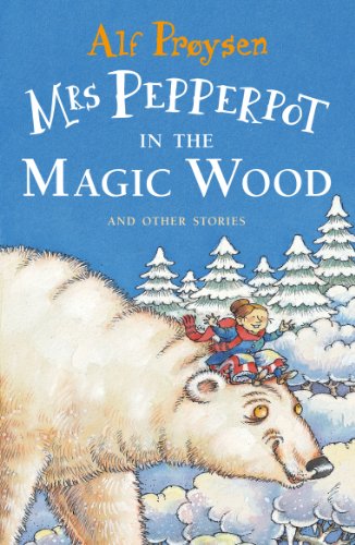 Book cover: Mrs Pepperpot riding a polar bear in a snowy forest.
