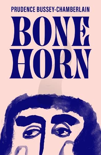 Book cover with blue text Bone Horn by Prudence Bussey-Chamberlain over a stylized face.