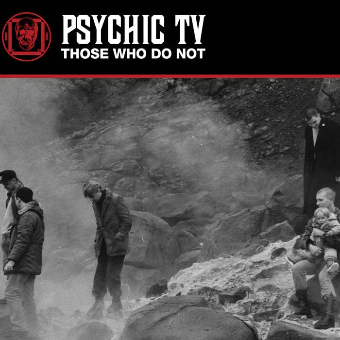 Black and white album cover featuring people near a rocky, smoky landscape.