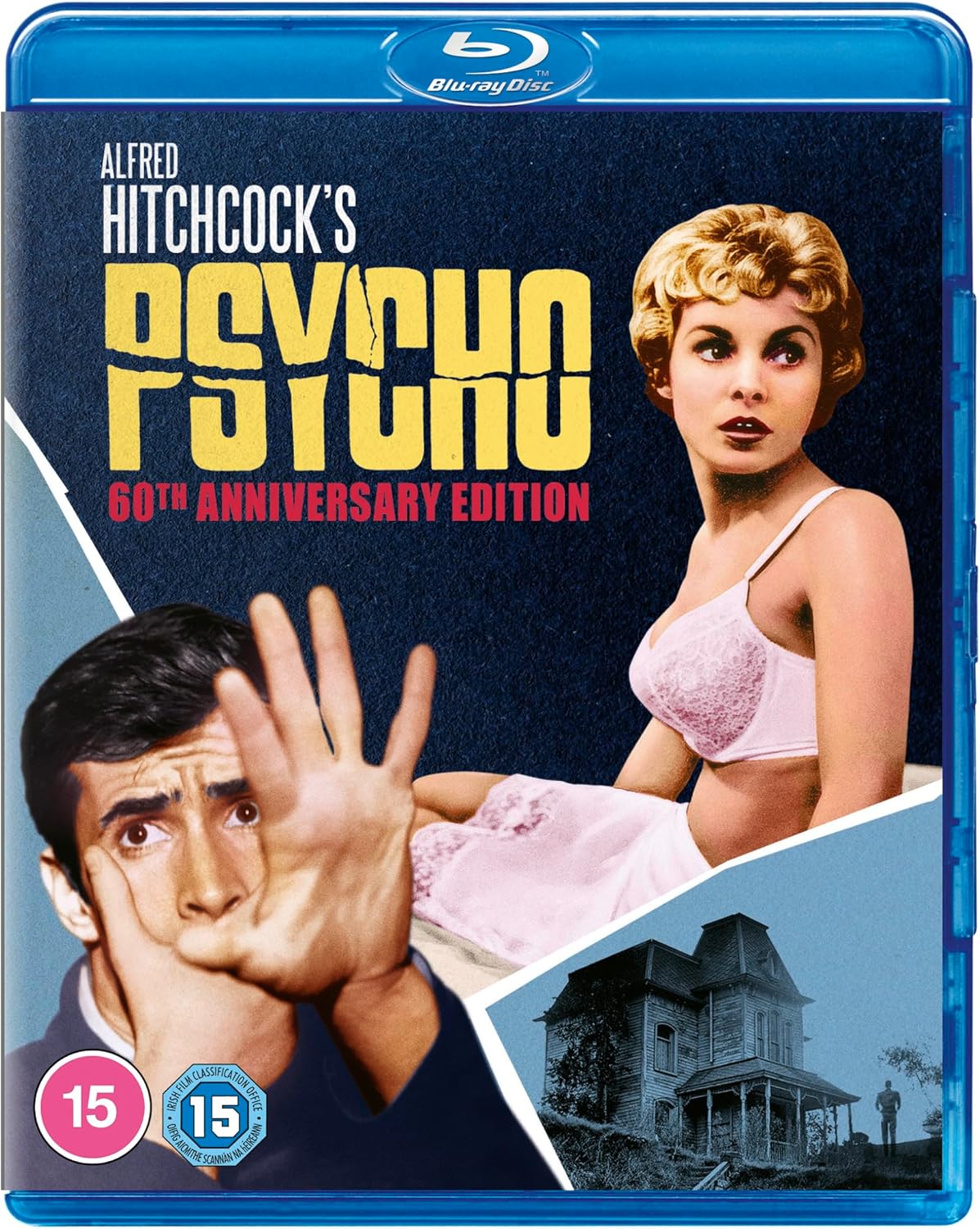 Psycho Blu-ray cover featuring portraits and the Bates Motel house.